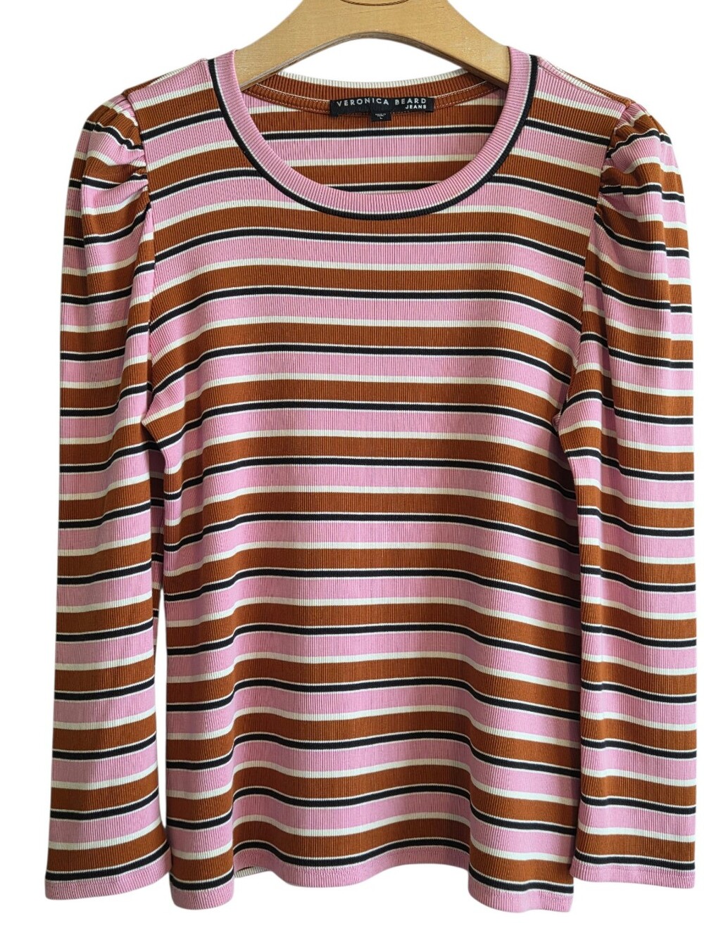 Veronica Beard Britney Striped Puff Sleeve Ribbed Top Sz L Casual
